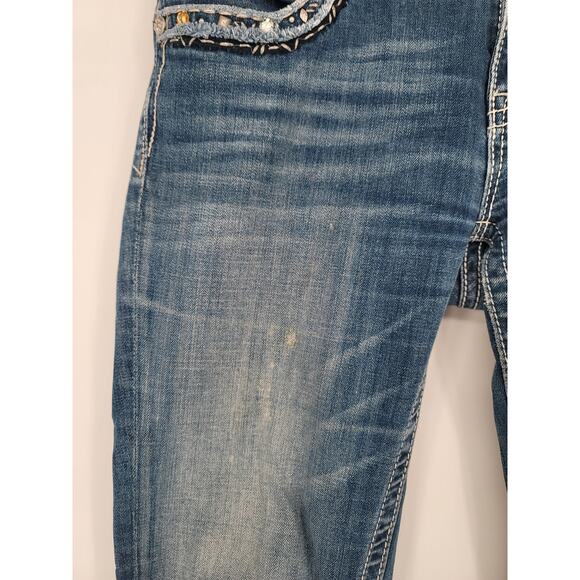 Miss Me Boot Cut Mid Rise Embellished Pocket Y2K 90s Denim Blue Jean 32 VTG - Picture 9 of 13